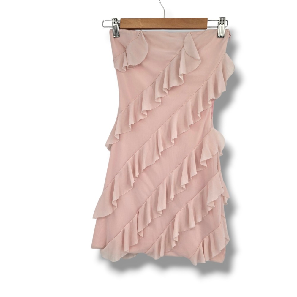 Pants‎ Store Womens Strapless Ruffle Mini Dress Blush Pink Mesh Bodycon Small